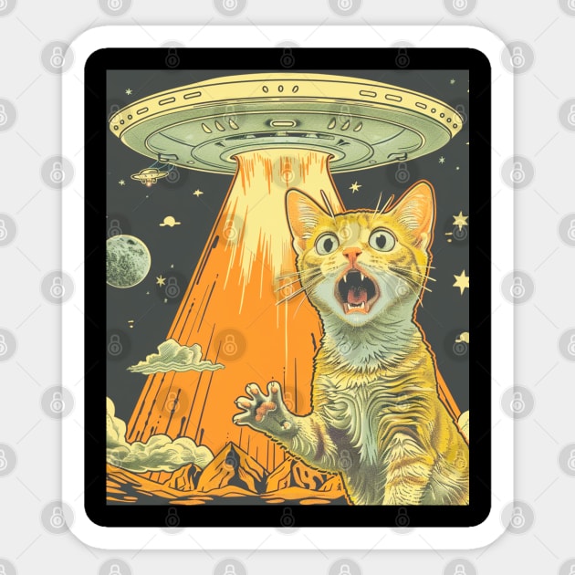 Shocked Cat and UFO Invasion Sticker by OscarVanHendrix